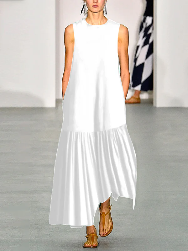 A-line Loose Solid Color Split-Joint Round-neck Maxi Dresses - Image 3