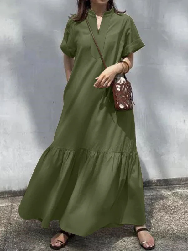 A-Line Loose Solid Color Split-Joint V-Neck Maxi Dresses - Image 2