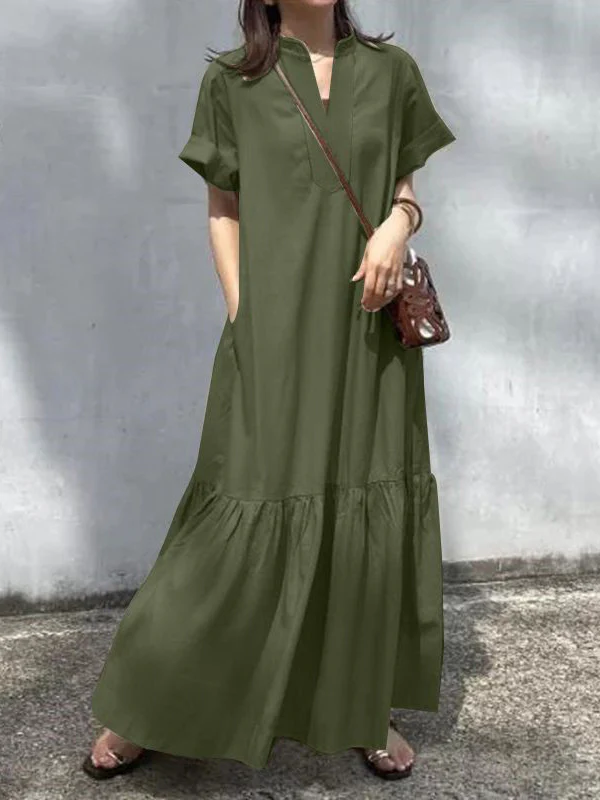 A-Line Loose Solid Color Split-Joint V-Neck Maxi Dresses - Image 3