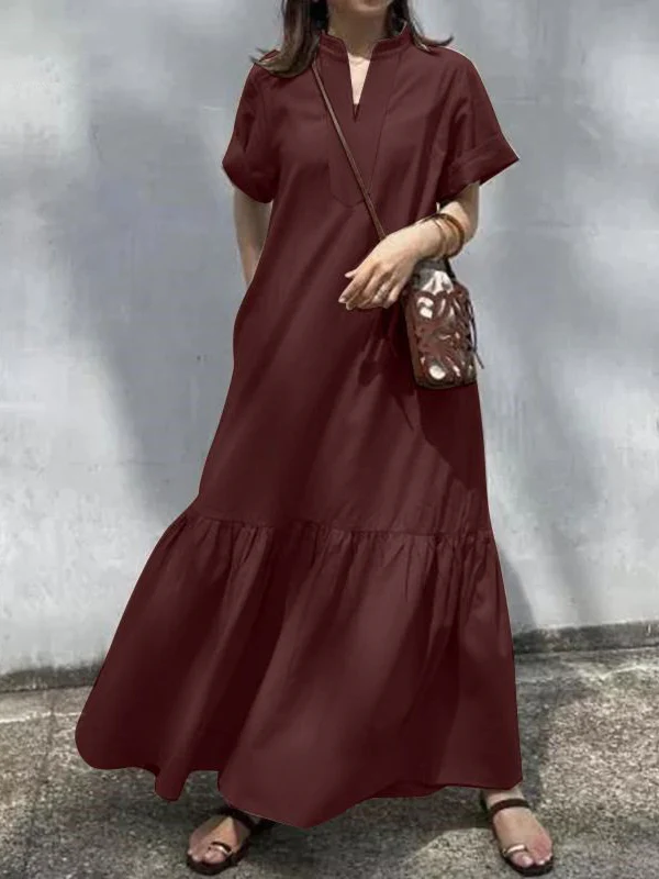 A-Line Loose Solid Color Split-Joint V-Neck Maxi Dresses - Image 4