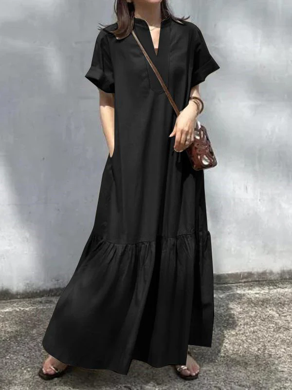 A-Line Loose Solid Color Split-Joint V-Neck Maxi Dresses - Image 5