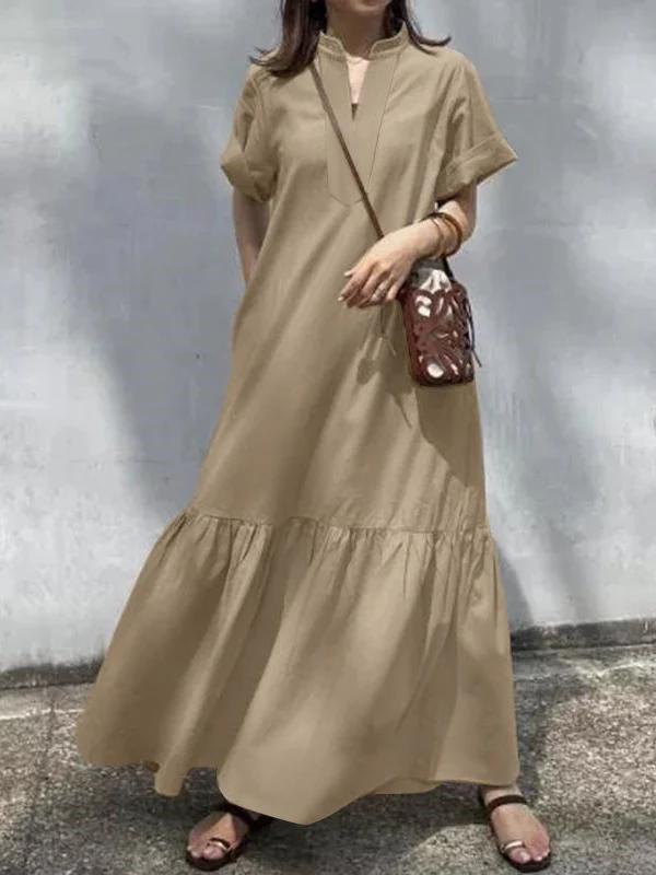 A-Line Loose Solid Color Split-Joint V-Neck Maxi Dresses - Image 6