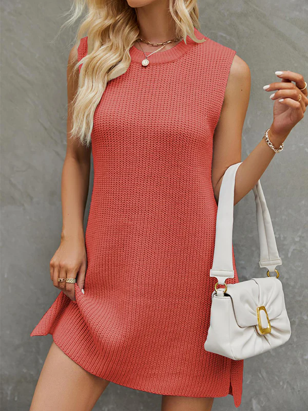 A-Line Loose Solid Color Split-Side Tied Waist Round-Neck Mini Dresses Sweater Dresses - Image 4