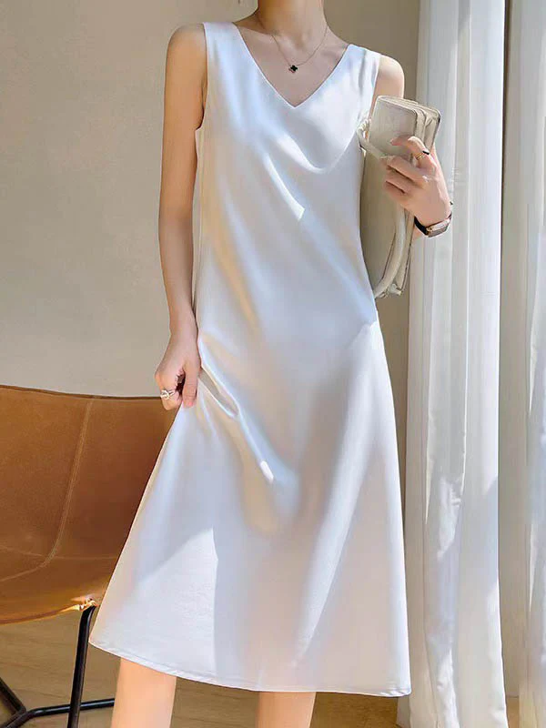 A-Line Loose Solid Color V-Neck Midi Dresses - Image 2