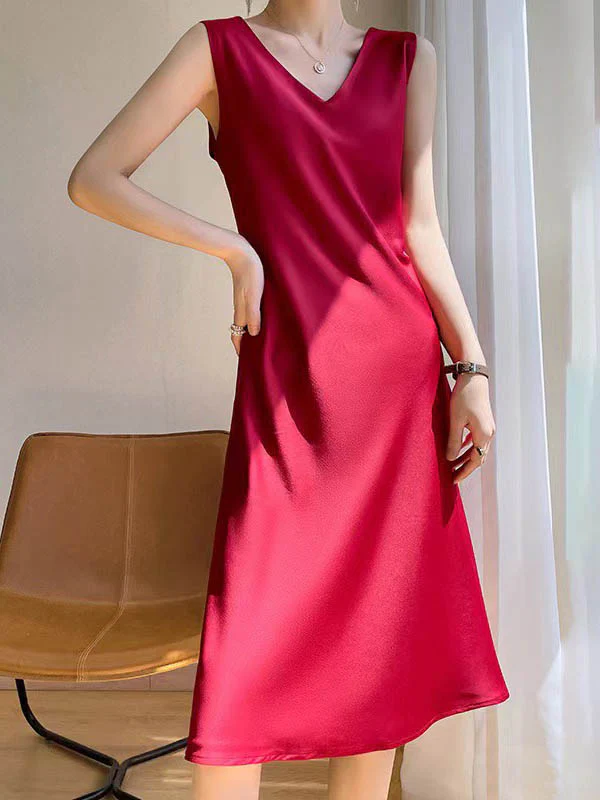 A-Line Loose Solid Color V-Neck Midi Dresses - Image 3