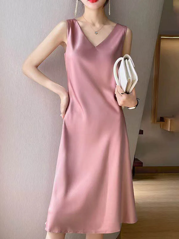 A-Line Loose Solid Color V-Neck Midi Dresses - Image 4