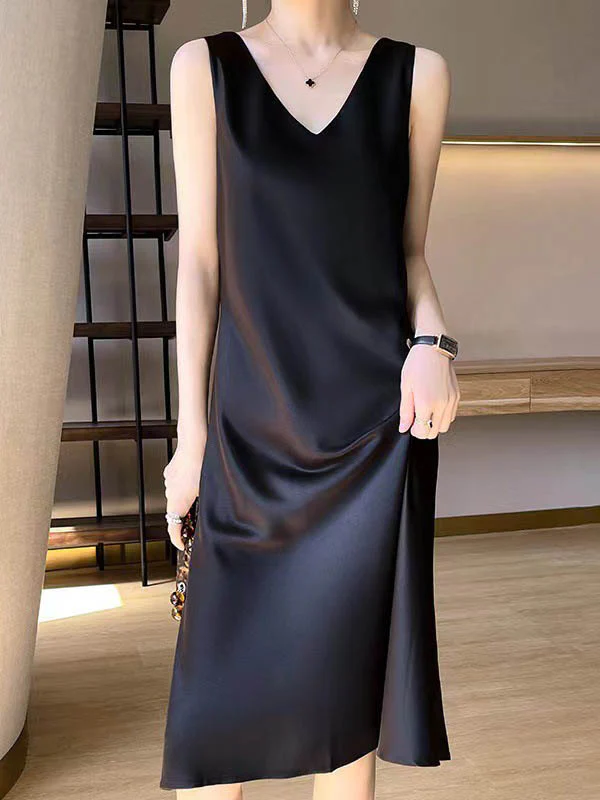 A-Line Loose Solid Color V-Neck Midi Dresses - Image 6