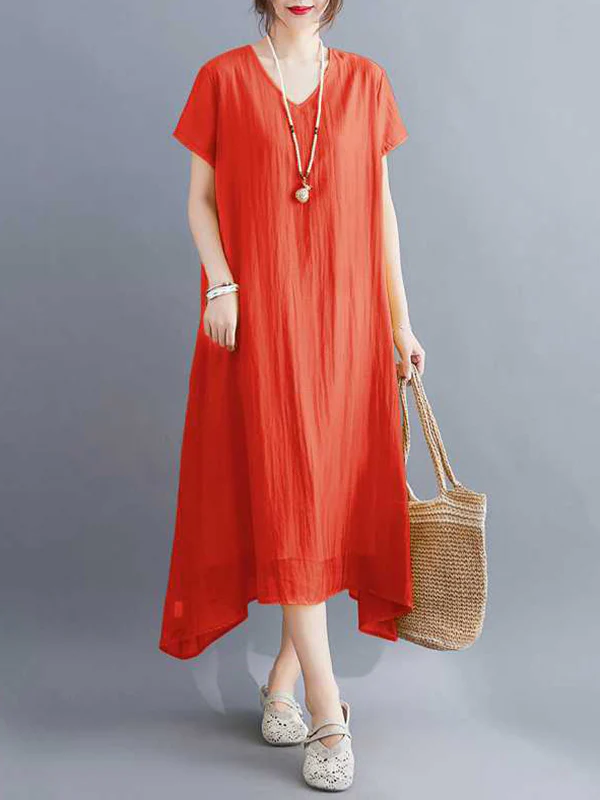 A-Line Loose Solid Color V-Neck Midi Dresses - Image 10