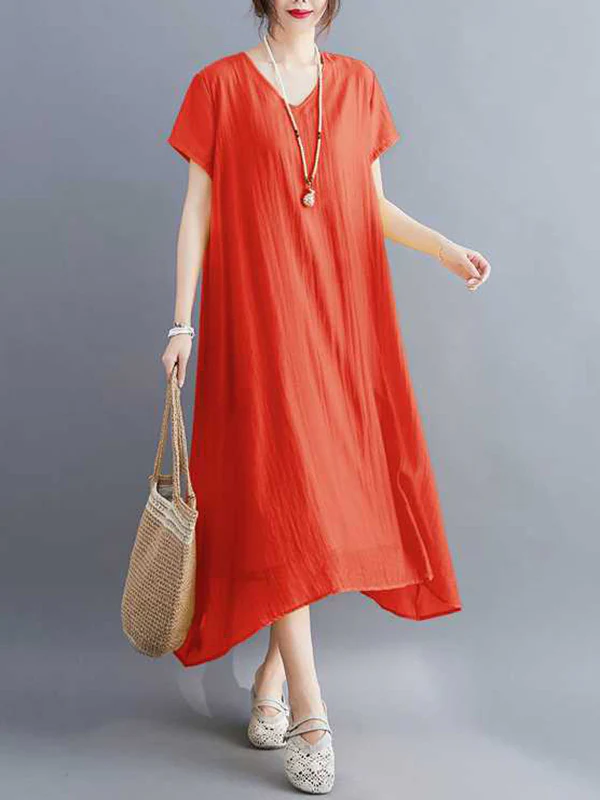 A-Line Loose Solid Color V-Neck Midi Dresses - Image 11