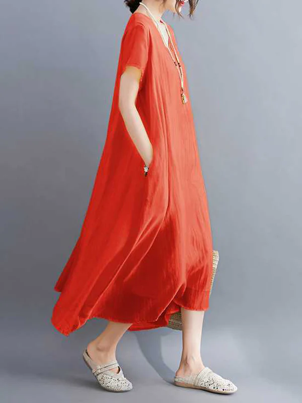 A-Line Loose Solid Color V-Neck Midi Dresses - Image 12