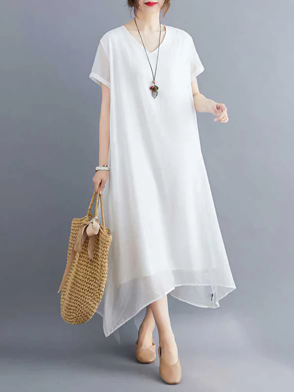 A-Line Loose Solid Color V-Neck Midi Dresses - Image 13