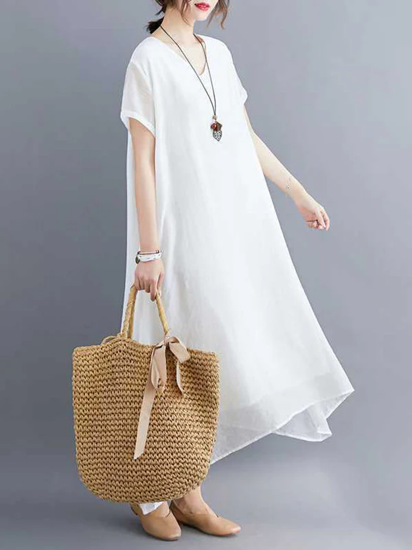 A-Line Loose Solid Color V-Neck Midi Dresses - Image 14