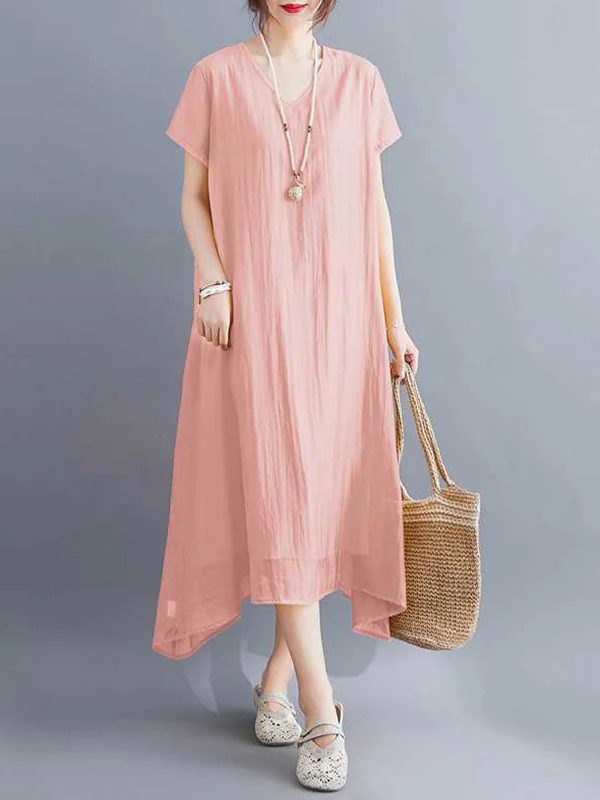 A-Line Loose Solid Color V-Neck Midi Dresses - Image 15