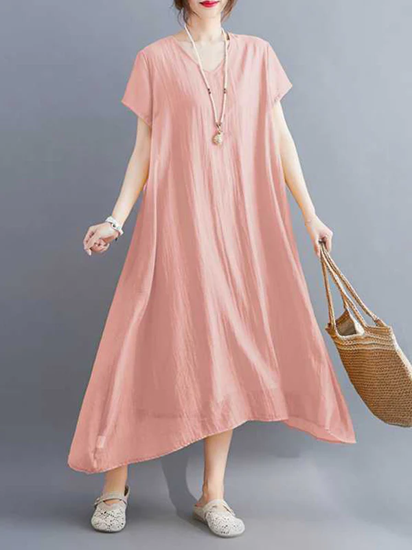 A-Line Loose Solid Color V-Neck Midi Dresses - Image 16