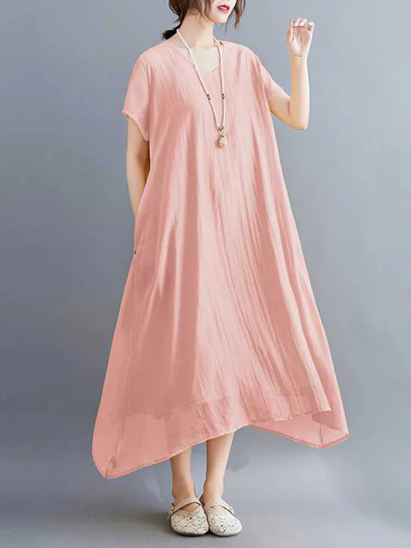 A-Line Loose Solid Color V-Neck Midi Dresses - Image 17