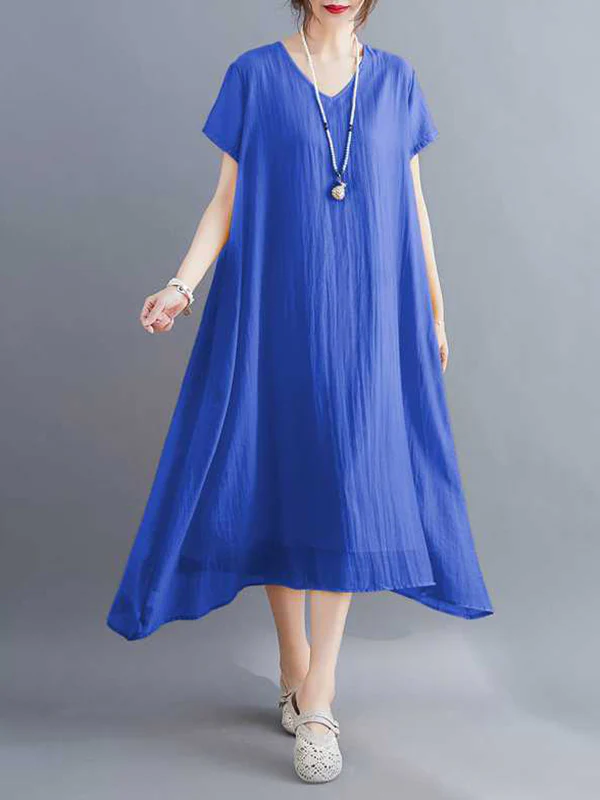 A-Line Loose Solid Color V-Neck Midi Dresses - Image 18