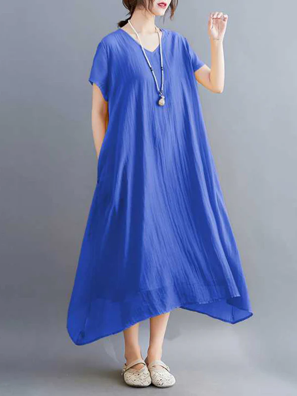 A-Line Loose Solid Color V-Neck Midi Dresses - Image 19