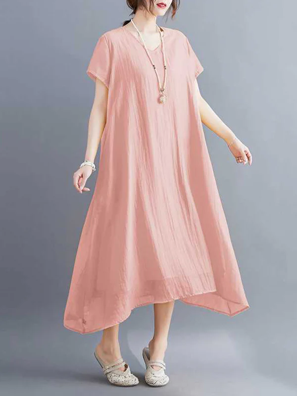 A-Line Loose Solid Color V-Neck Midi Dresses - Image 2