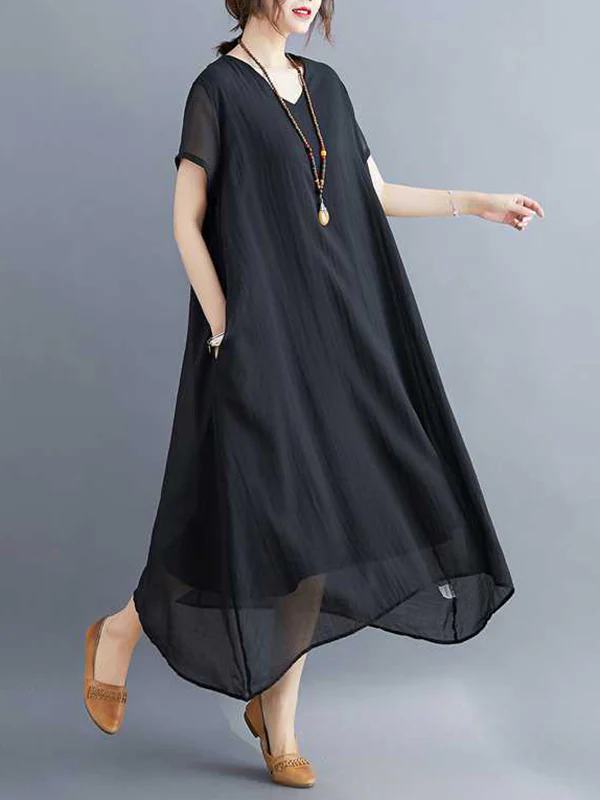 A-Line Loose Solid Color V-Neck Midi Dresses - Image 21