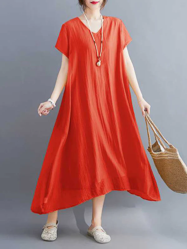 A-Line Loose Solid Color V-Neck Midi Dresses - Image 3