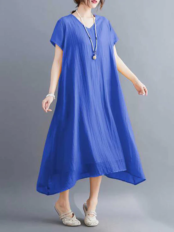 A-Line Loose Solid Color V-Neck Midi Dresses - Image 4