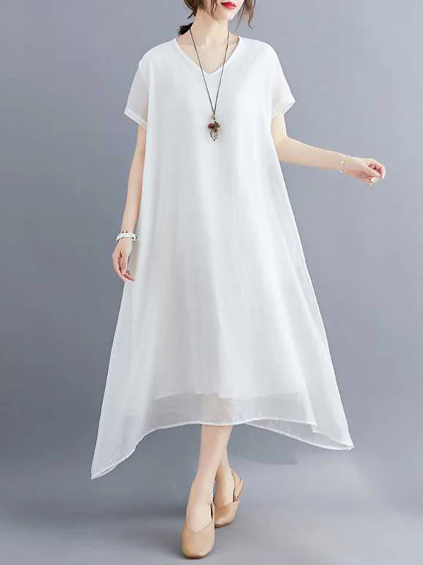 A-Line Loose Solid Color V-Neck Midi Dresses - Image 5
