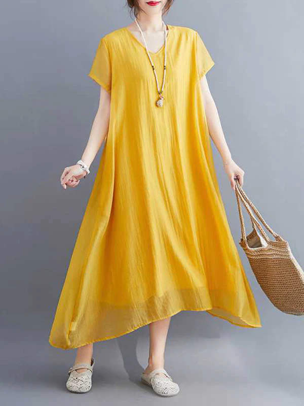 A-Line Loose Solid Color V-Neck Midi Dresses - Image 6