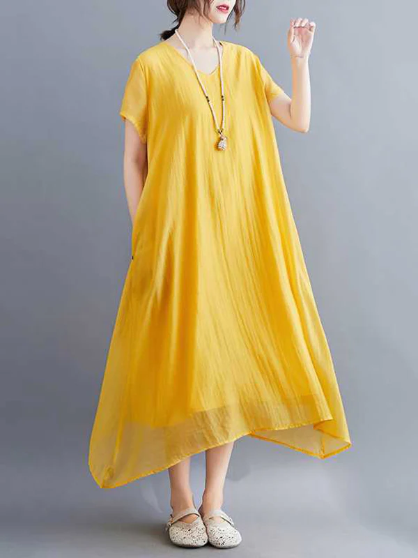 A-Line Loose Solid Color V-Neck Midi Dresses - Image 7