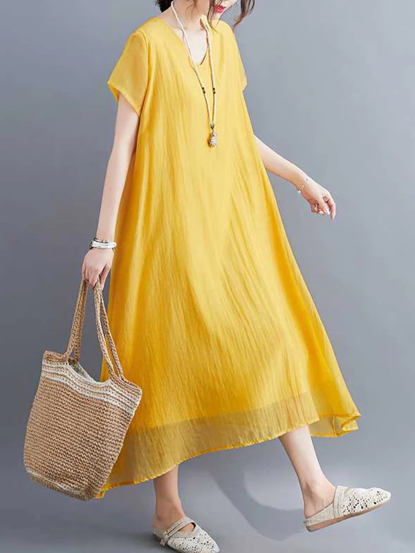 A-Line Loose Solid Color V-Neck Midi Dresses - Image 8
