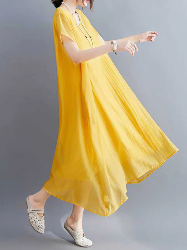 A-Line Loose Solid Color V-Neck Midi Dresses - Image 9
