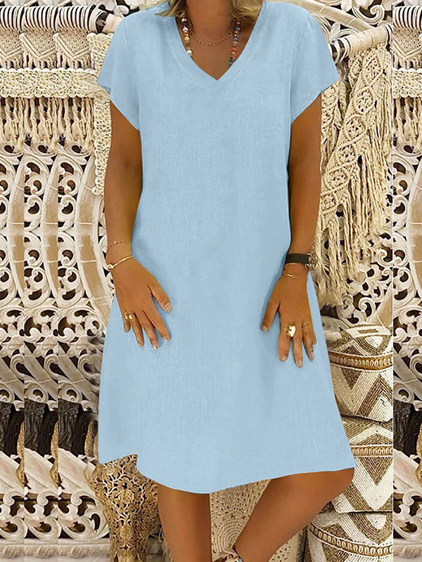 A-Line Loose Solid Color V-Neck Midi Dresses - Image 2