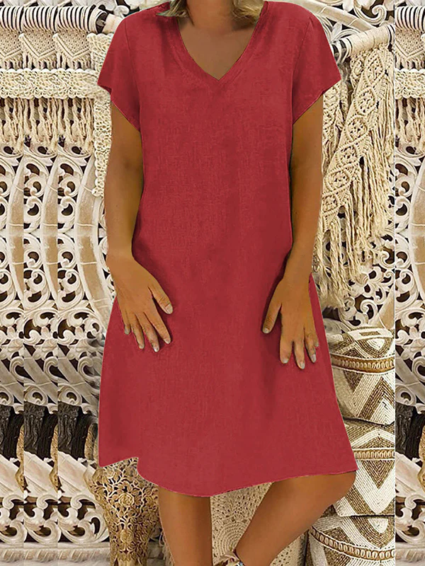 A-Line Loose Solid Color V-Neck Midi Dresses - Image 3
