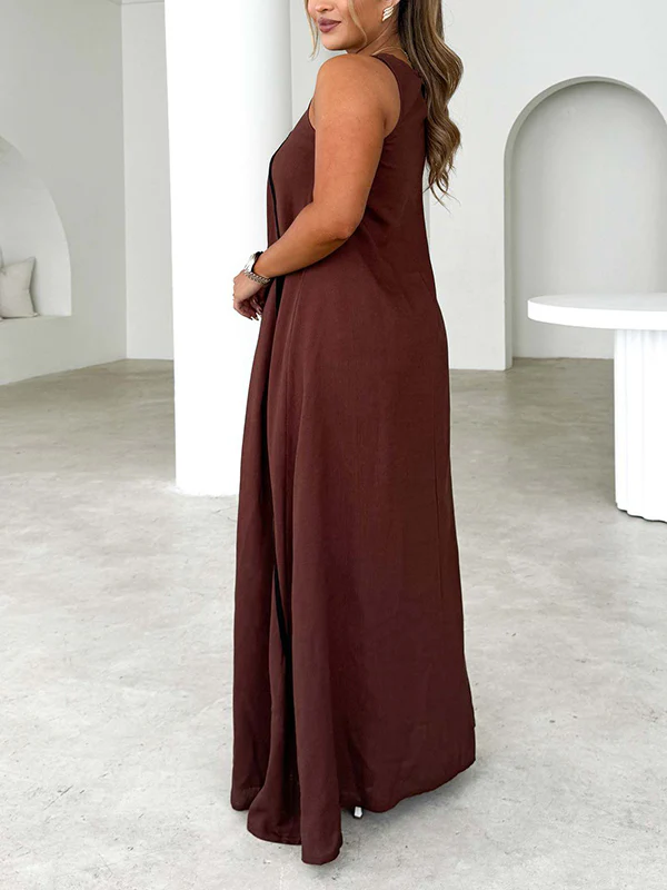 A-Line Loose Split-Joint Round-Neck Maxi Dresses - Image 5