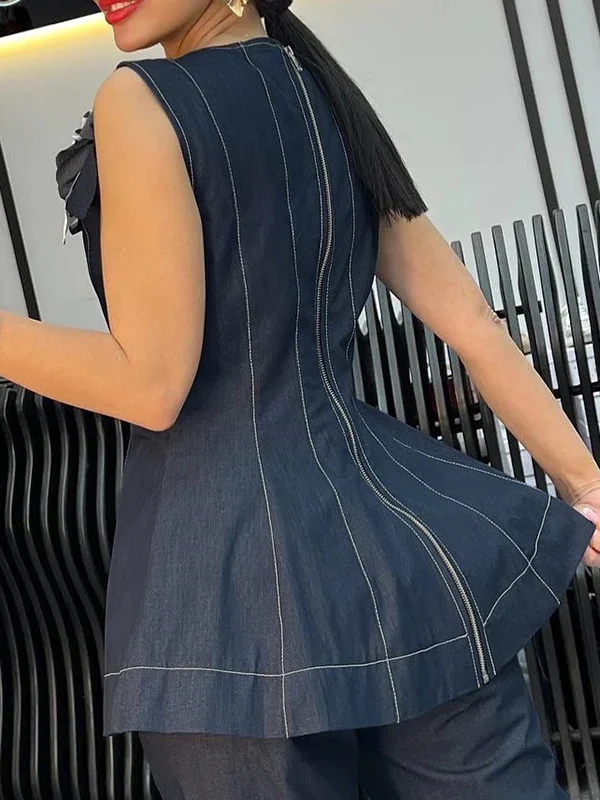 A-Line Loose Split-Joint Zipper Round-Neck Vest Top - Image 3