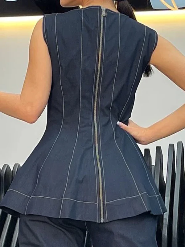 A-Line Loose Split-Joint Zipper Round-Neck Vest Top - Image 4