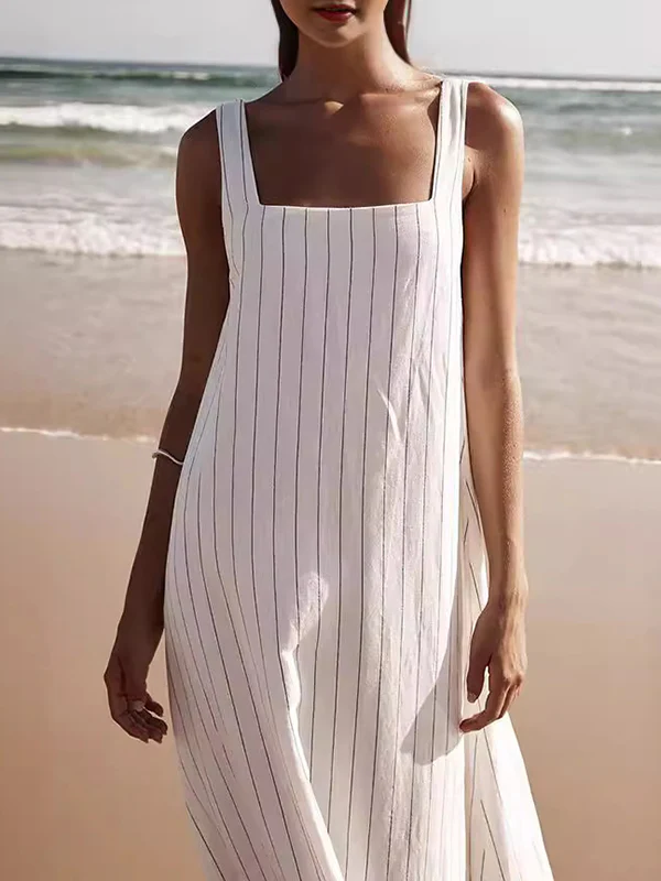 A-Line Loose Striped Square-Neck Maxi Dresses - Image 2