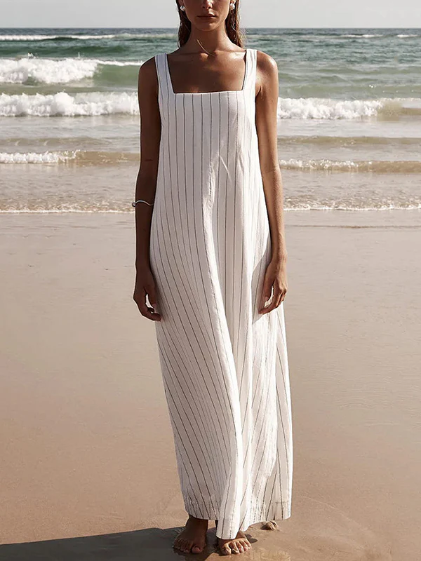 A-Line Loose Striped Square-Neck Maxi Dresses - Image 3