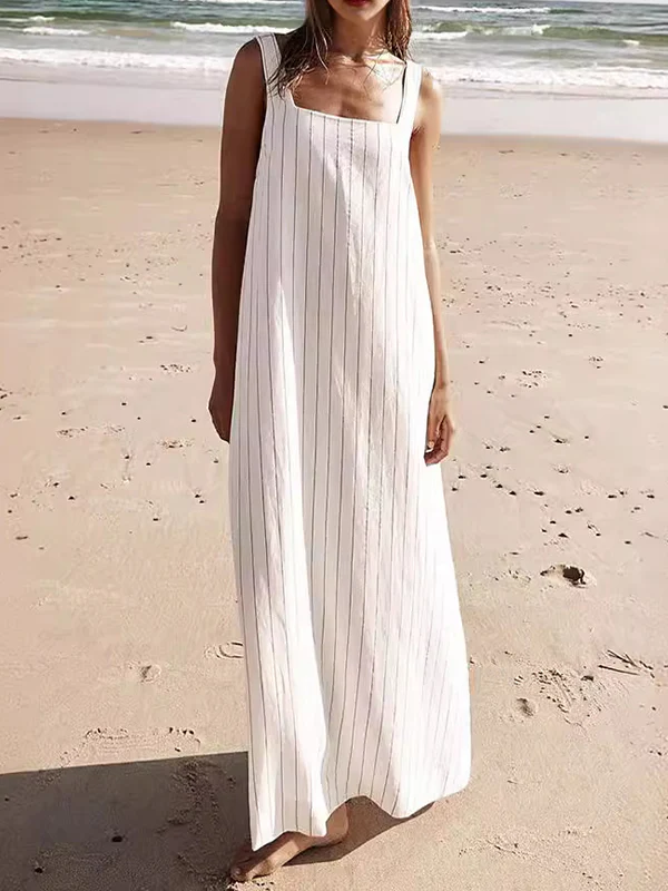 A-Line Loose Striped Square-Neck Maxi Dresses - Image 4