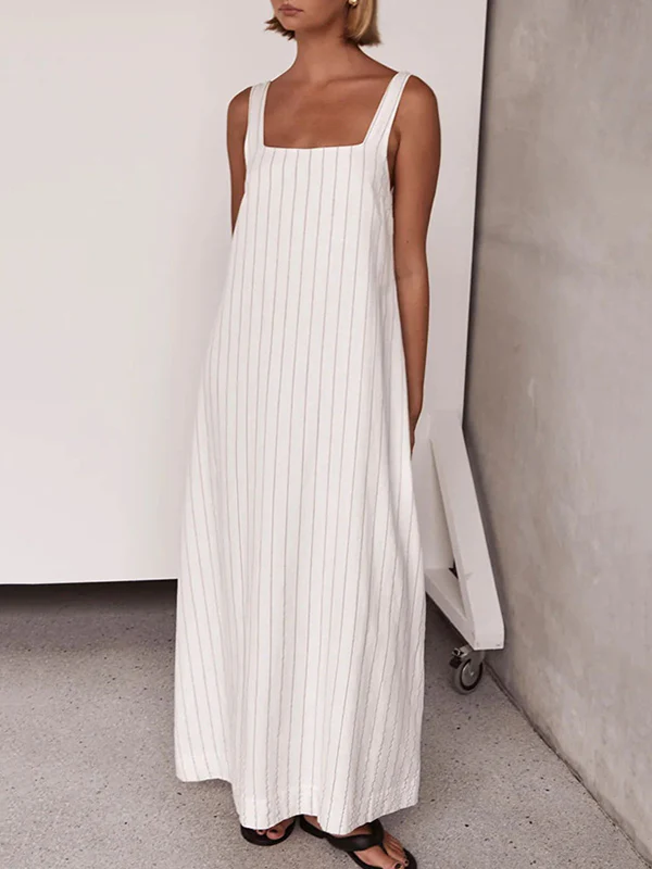 A-Line Loose Striped Square-Neck Maxi Dresses - Image 6