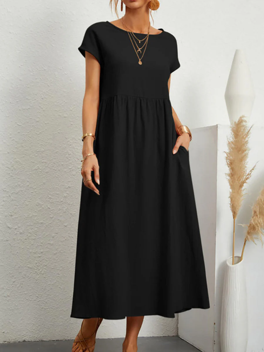 A-Line Plus Size Pleated Pockets Solid Color Round-Neck Midi Dresses - Image 2