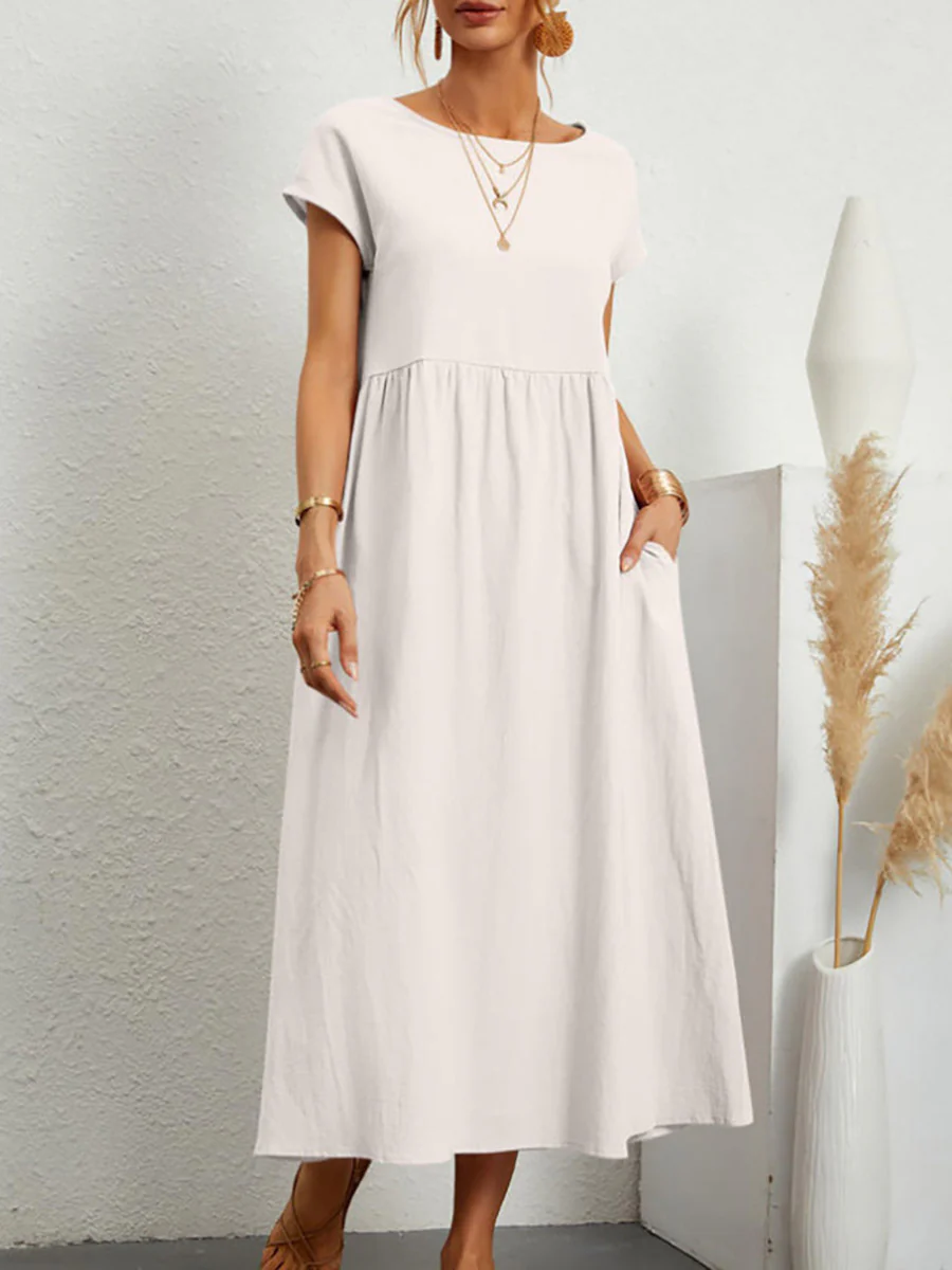 A-Line Plus Size Pleated Pockets Solid Color Round-Neck Midi Dresses - Image 3