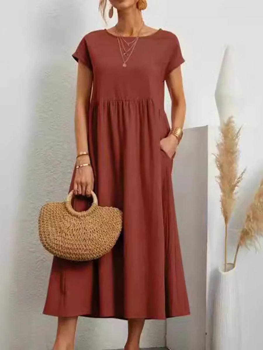 A-Line Plus Size Pleated Pockets Solid Color Round-Neck Midi Dresses - Image 4