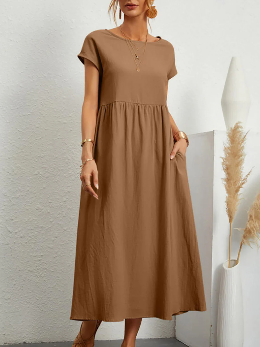 A-Line Plus Size Pleated Pockets Solid Color Round-Neck Midi Dresses - Image 5