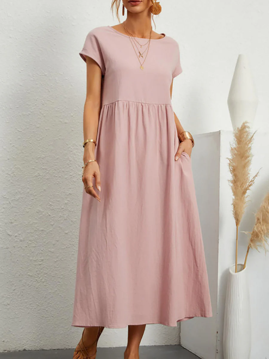 A-Line Plus Size Pleated Pockets Solid Color Round-Neck Midi Dresses - Image 6