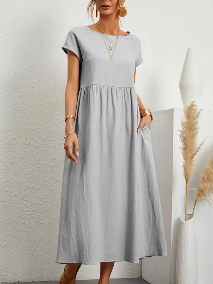 A-Line Plus Size Pleated Pockets Solid Color Round-Neck Midi Dresses - Image 7