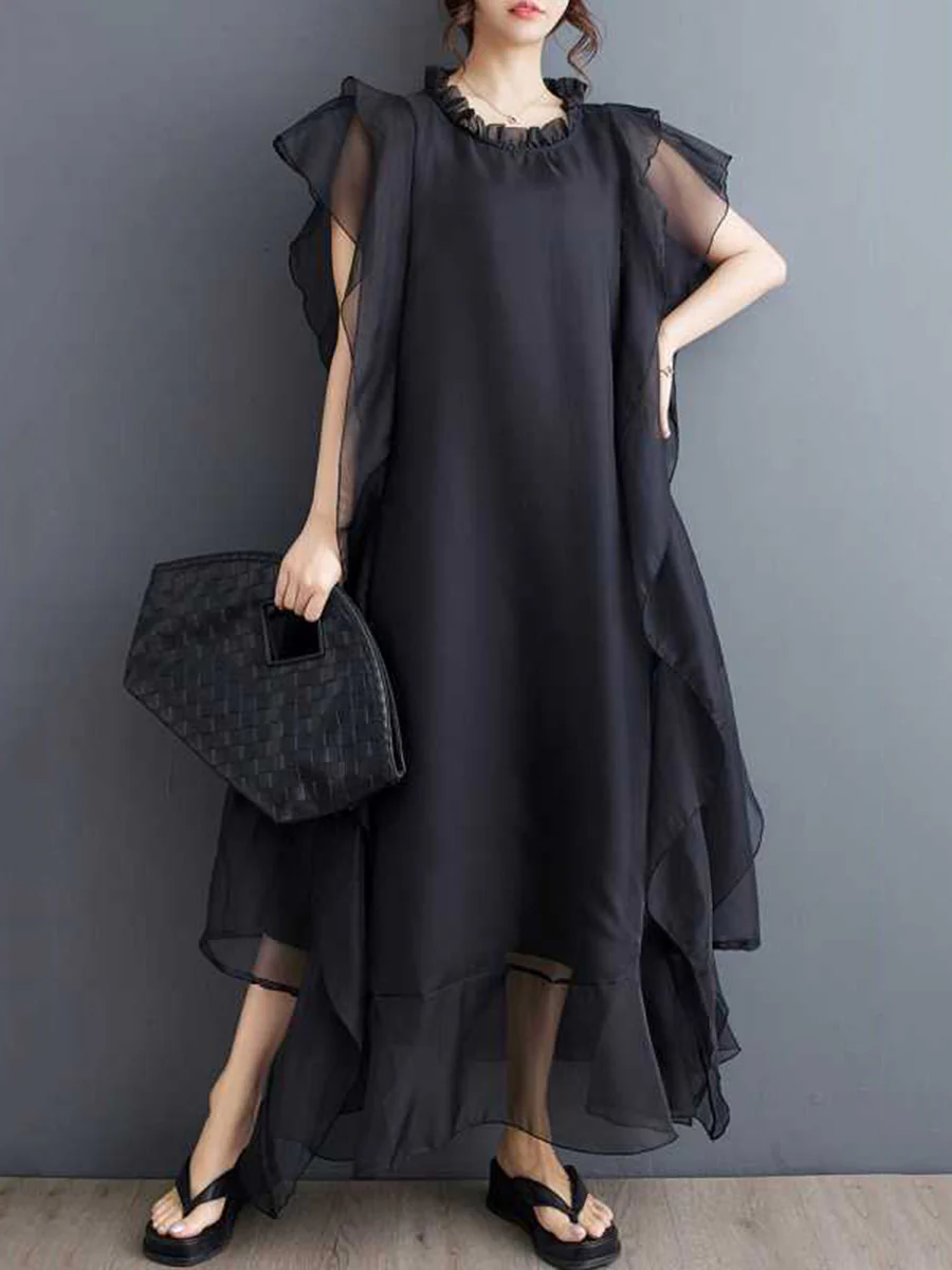 A-Line Ruffle Sleeves Pleated Solid Color Split-Joint Round-Neck Midi Dresses - Image 2