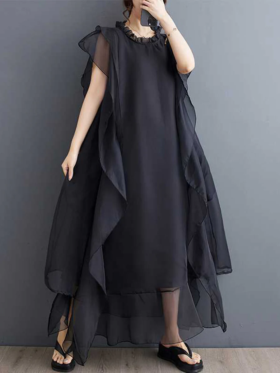 A-Line Ruffle Sleeves Pleated Solid Color Split-Joint Round-Neck Midi Dresses - Image 3