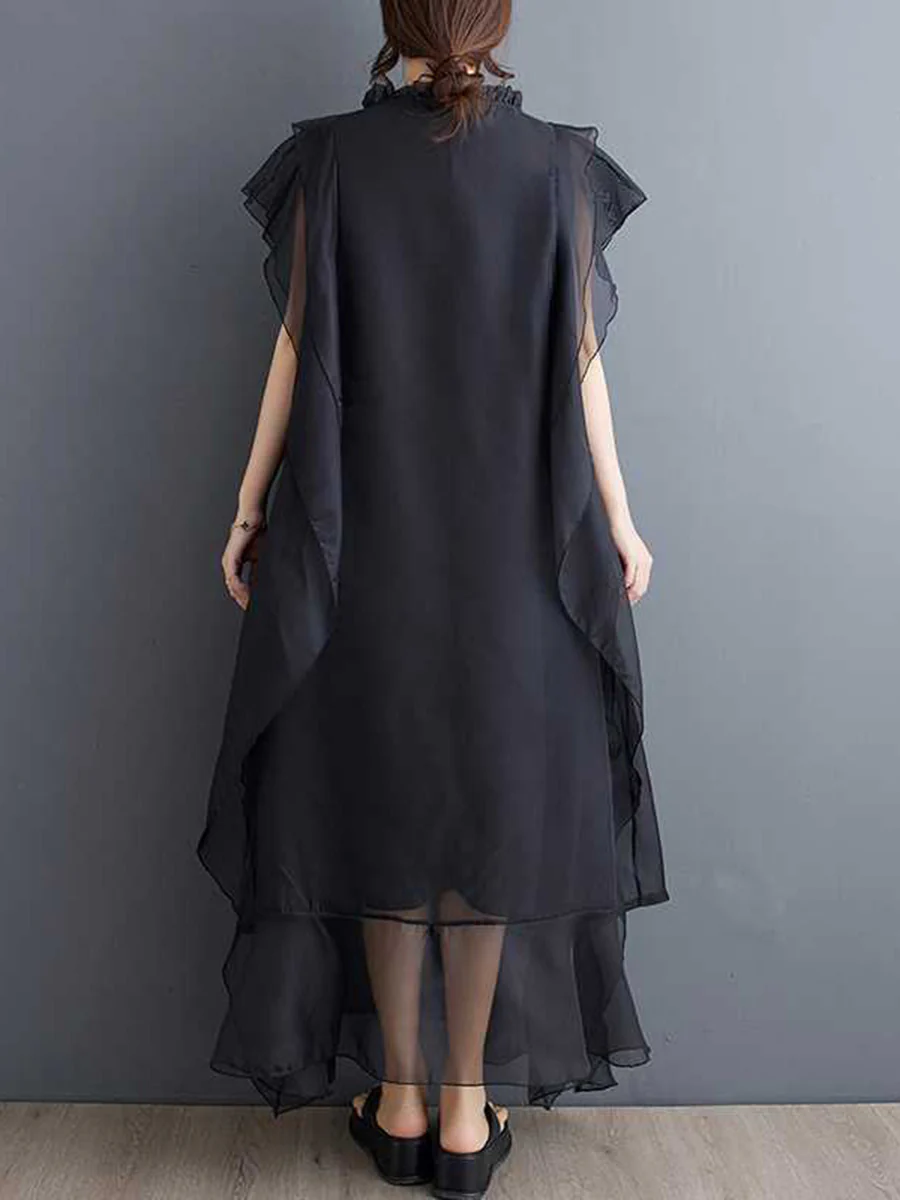A-Line Ruffle Sleeves Pleated Solid Color Split-Joint Round-Neck Midi Dresses - Image 4