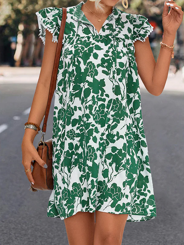 A-Line Ruffle Sleeves Printed Split-Joint Tied V-Neck Mini Dresses - Image 10