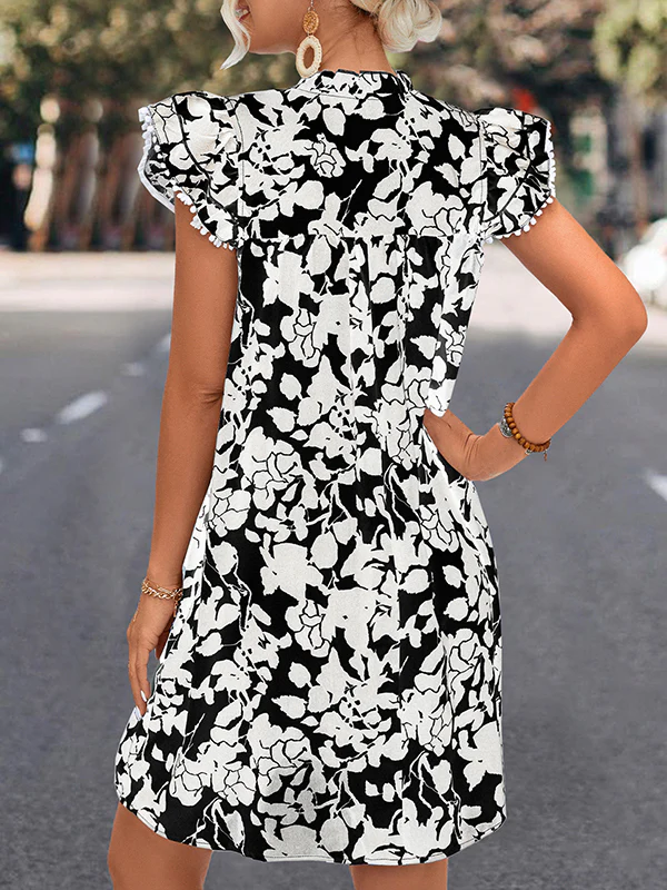 A-Line Ruffle Sleeves Printed Split-Joint Tied V-Neck Mini Dresses - Image 13